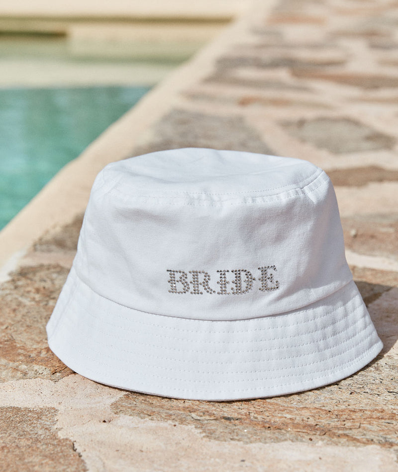 Bride Rhinestone Bucket Hat - White