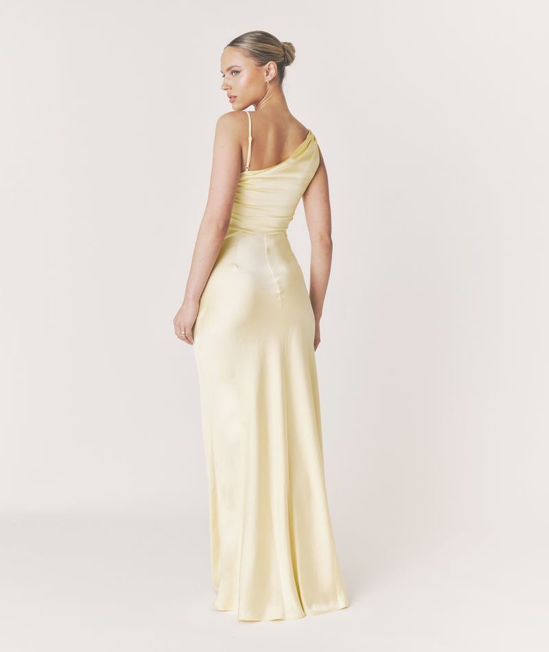 Cowl Front Asymmetrical Satin Bridesmaid Dress - Butter Lemon