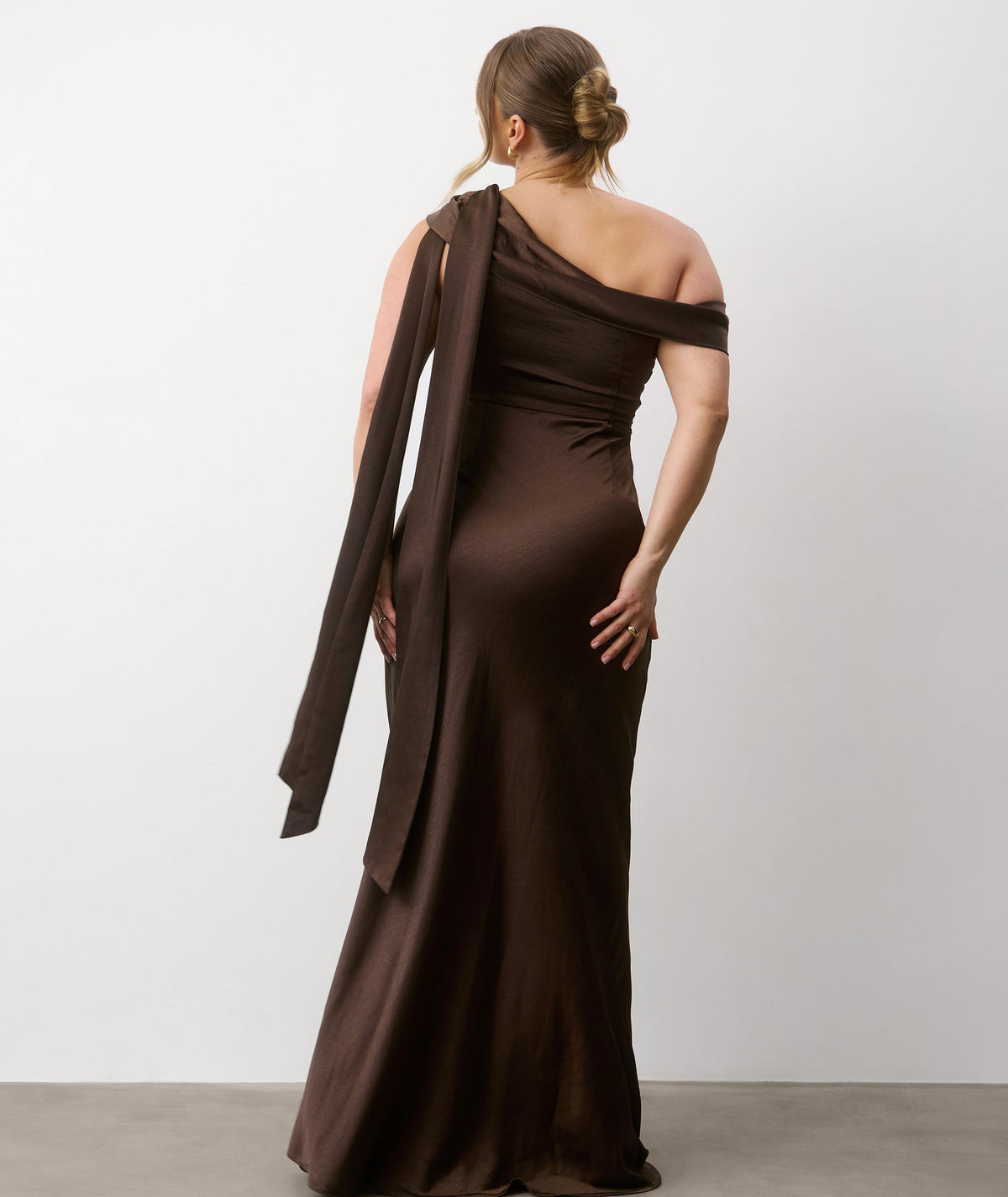 One Shoulder Drape Satin Bridesmaid Dress - Chocolate