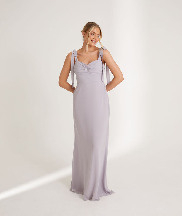 Bow Tie Shoulder Chiffon Bridesmaid Dress - Lilac