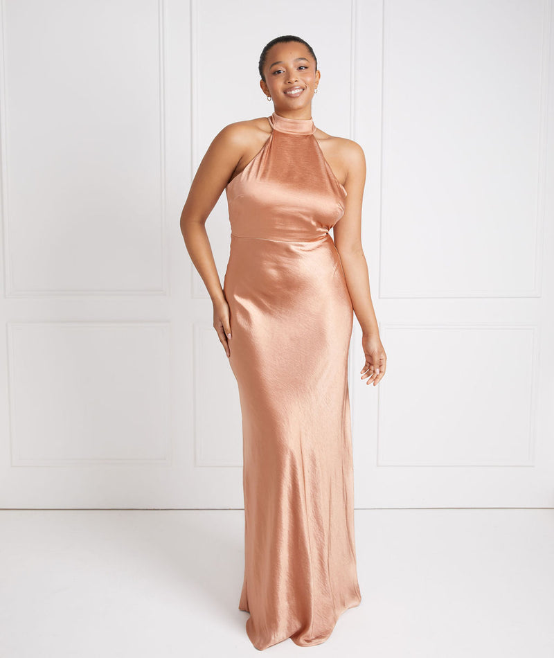 Burnt Peach Halter Neck Bridesmaid Dress