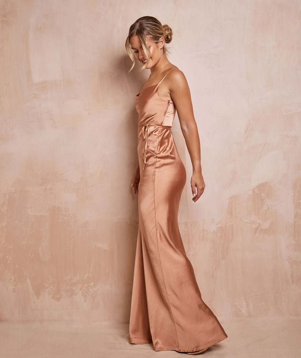 Cami Strap Sheath Satin Bridesmaid Dress in Almond main image 1