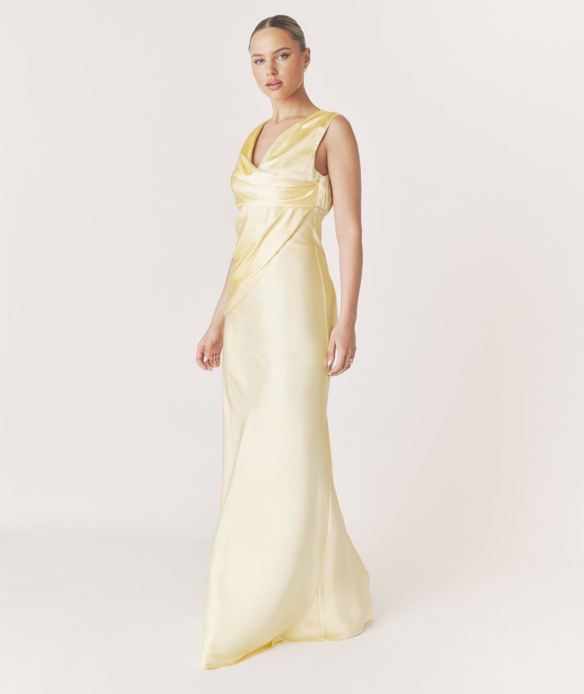 Plunge Drape Detail Satin Bridesmaid Dress - Butter Lemon