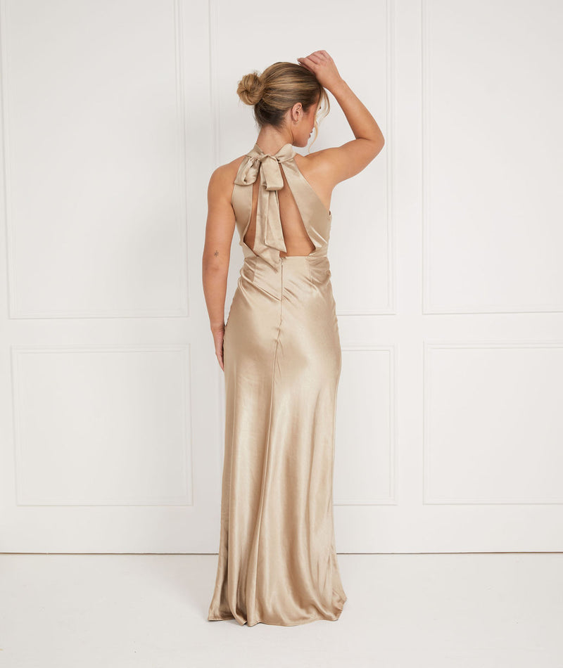 Halter Neck Satin Bridesmaid Dress Champagne