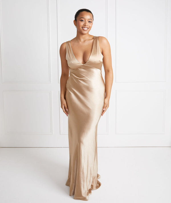 Bandeau Satin Bridesmaid Dress with Chiffon Neck Scarf - Champagne Six Stories Bandeau Satin Bridesmaid Dress with Chiffon Neck Scarf - Champagne Six Stories