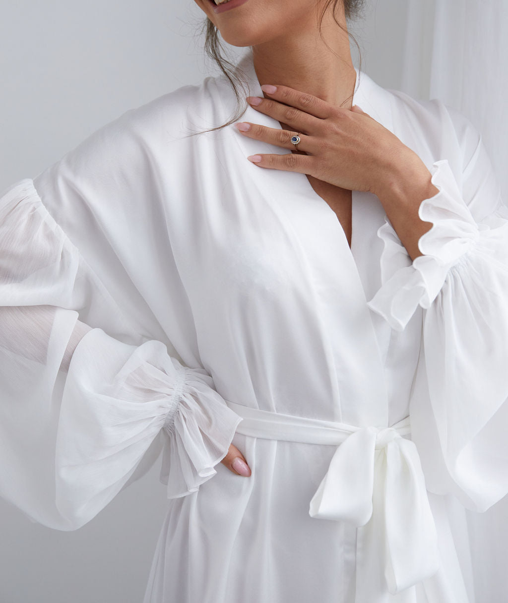 Chiffon Sleeve Maxi Satin Robe - White | Six Stories