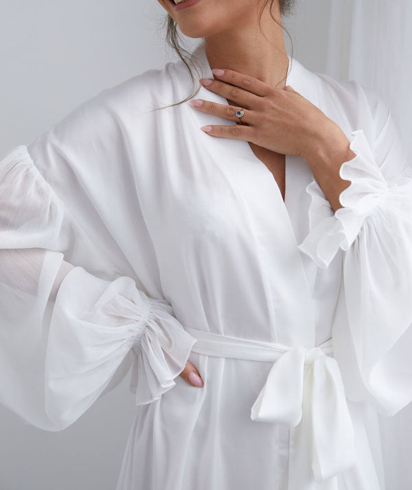 Chiffon Sleeve Maxi Satin Robe - White