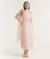Cowl Front Drape Detail Belted Midi Dress - Rose