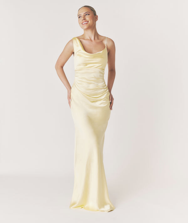 Cowl Front Asymmetrical Satin Bridesmaid Dress - Butter Lemon