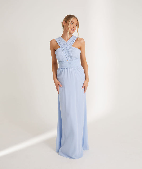 Cross Neck Pleated Waist Chiffon Bridesmaid Dress - Cornflower Blue