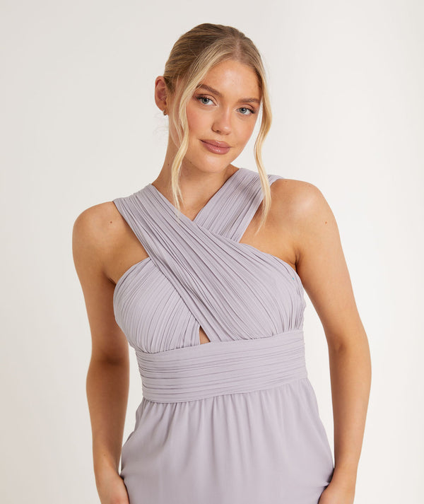 Cross Neck Pleated Waist Chiffon Bridesmaid Dress - Lilac