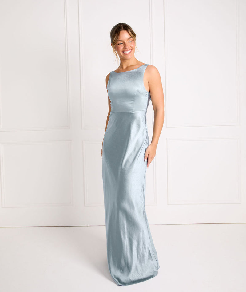 Cowl Back Satin Bridesmaid Dress - Dusty Blue