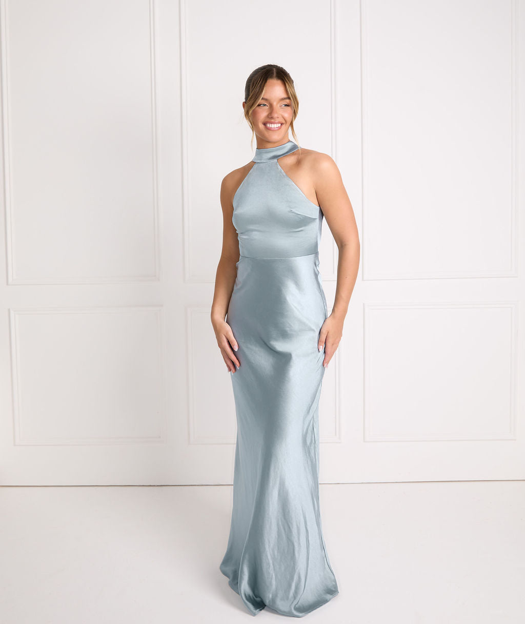 Halter Neck Satin Bridesmaid Dress - Dusty Blue – Six Stories