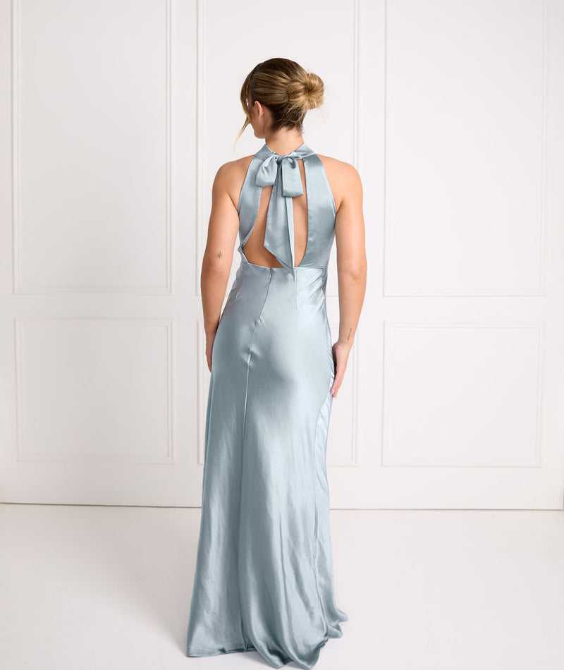 Halter Neck Satin Bridesmaid Dress - Dusty Blue