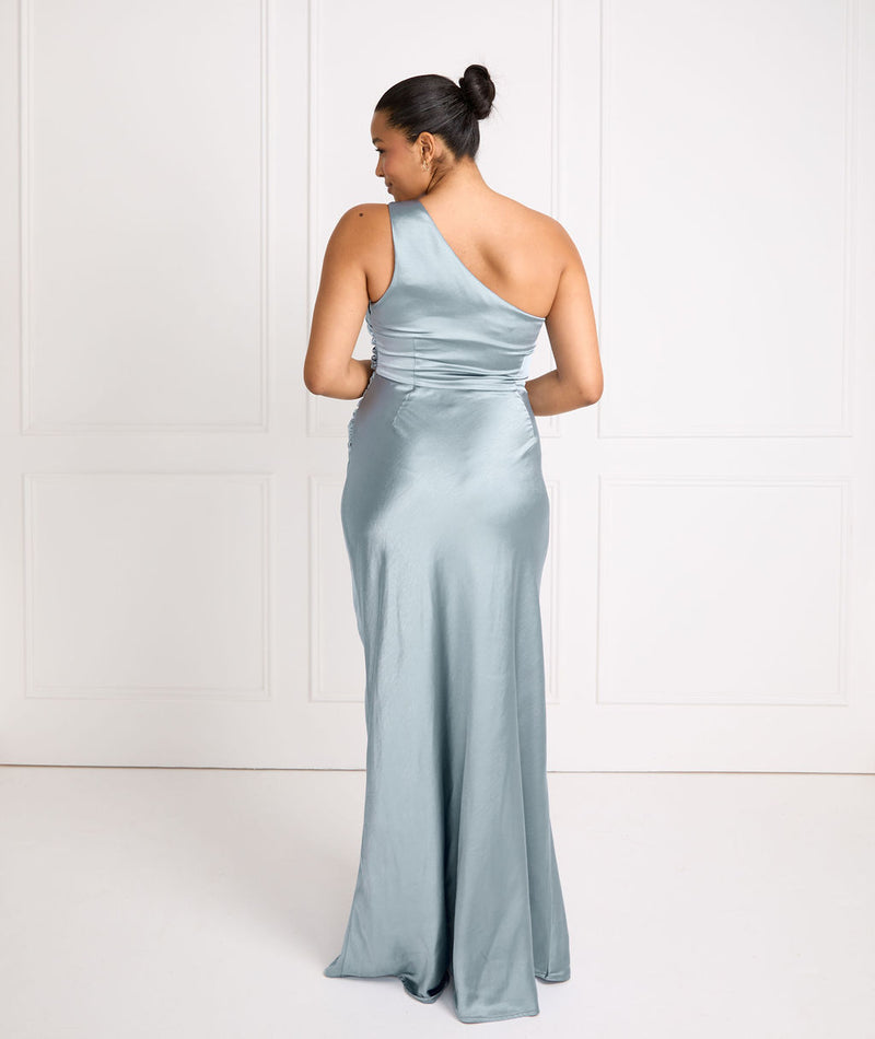 One Shoulder Satin Ruched Bridesmaid Dress - Dusty Blue | Six Stories One Shoulder Satin Ruched Bridesmaid Dress - Dusty Blue | Six Stories