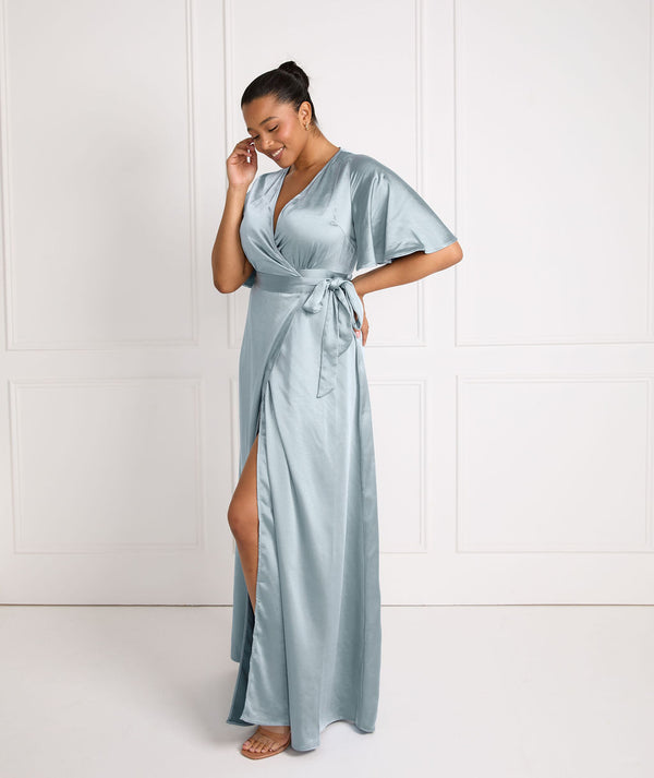 Wrap Tie Satin Bridesmaid Dress - Dusty Blue