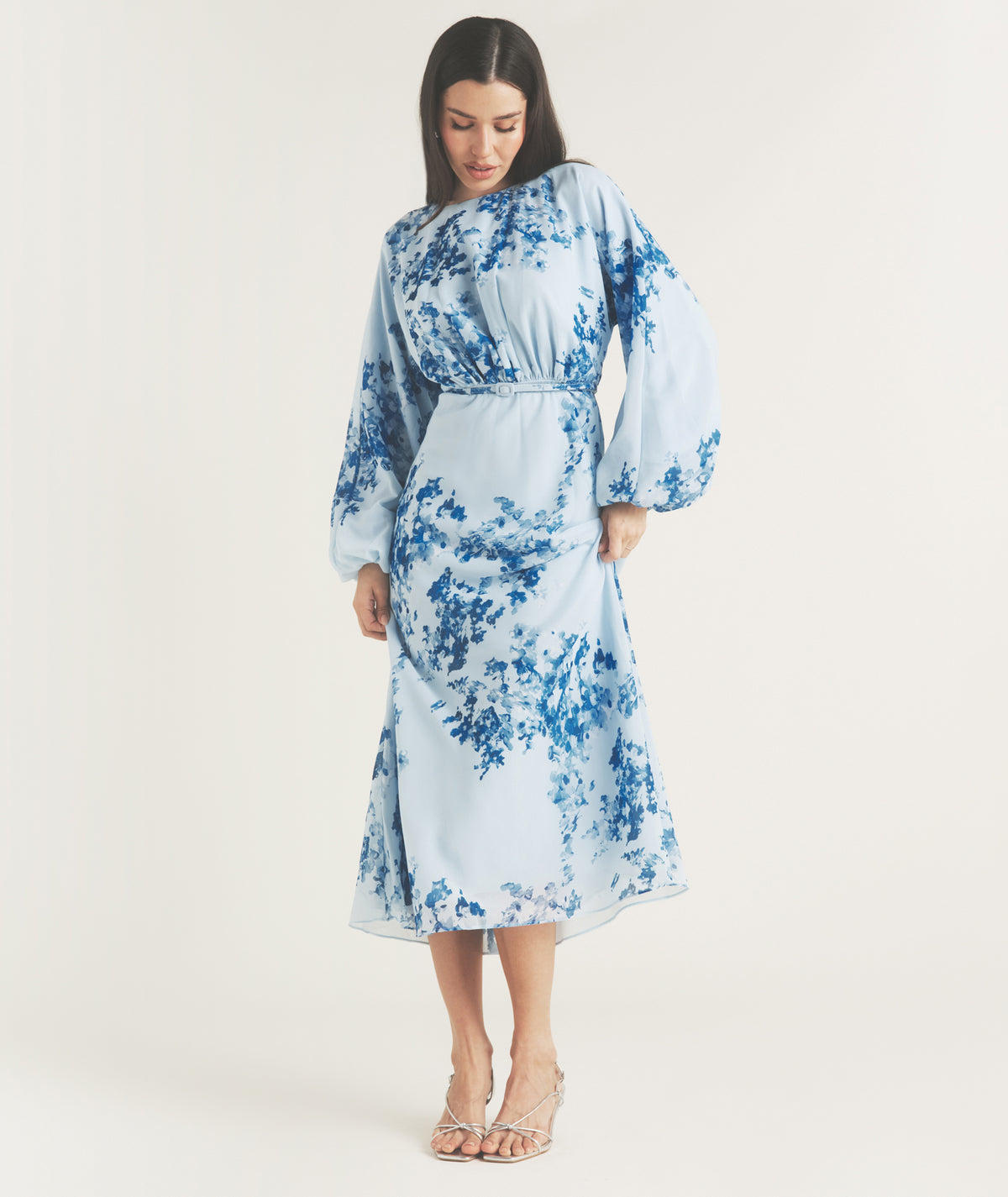 Floral Balloon Sleeve Maxi Dress - Pale Blue