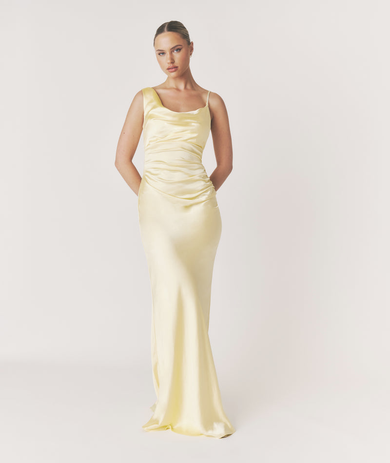 Cowl Front Asymmetrical Satin Bridesmaid Dress - Butter Lemon