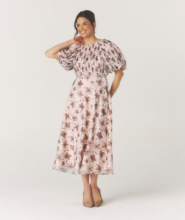 Floral Pleat Detail Midi Dress - Pink