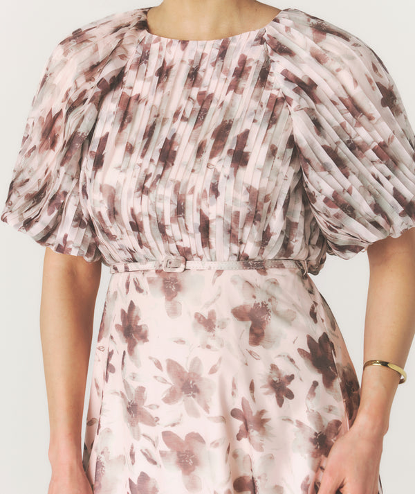 Floral Pleat Detail Midi Dress - Pink