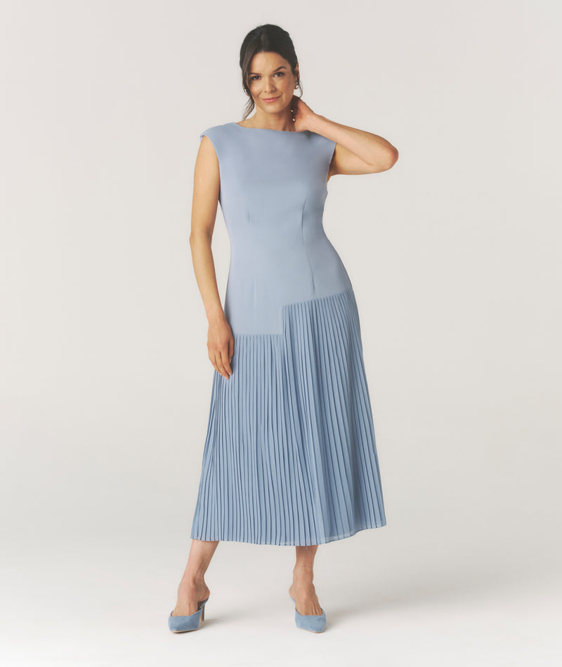 Pleated Cap Sleeve Maxi Dress - Blue