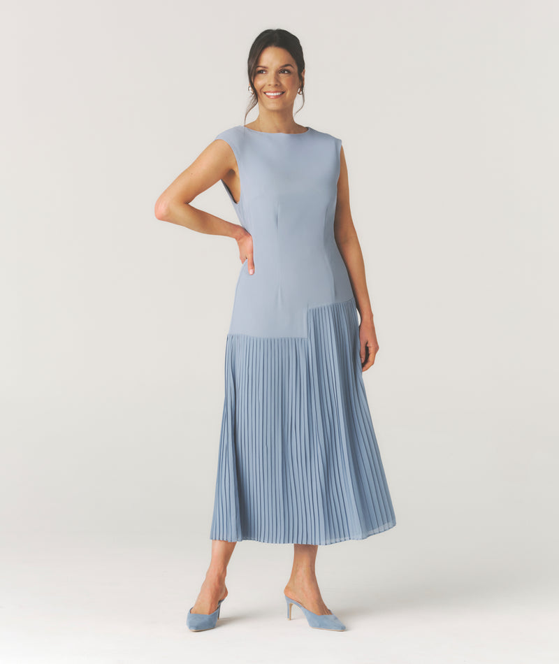 Pleated Cap Sleeve Maxi Dress - Blue