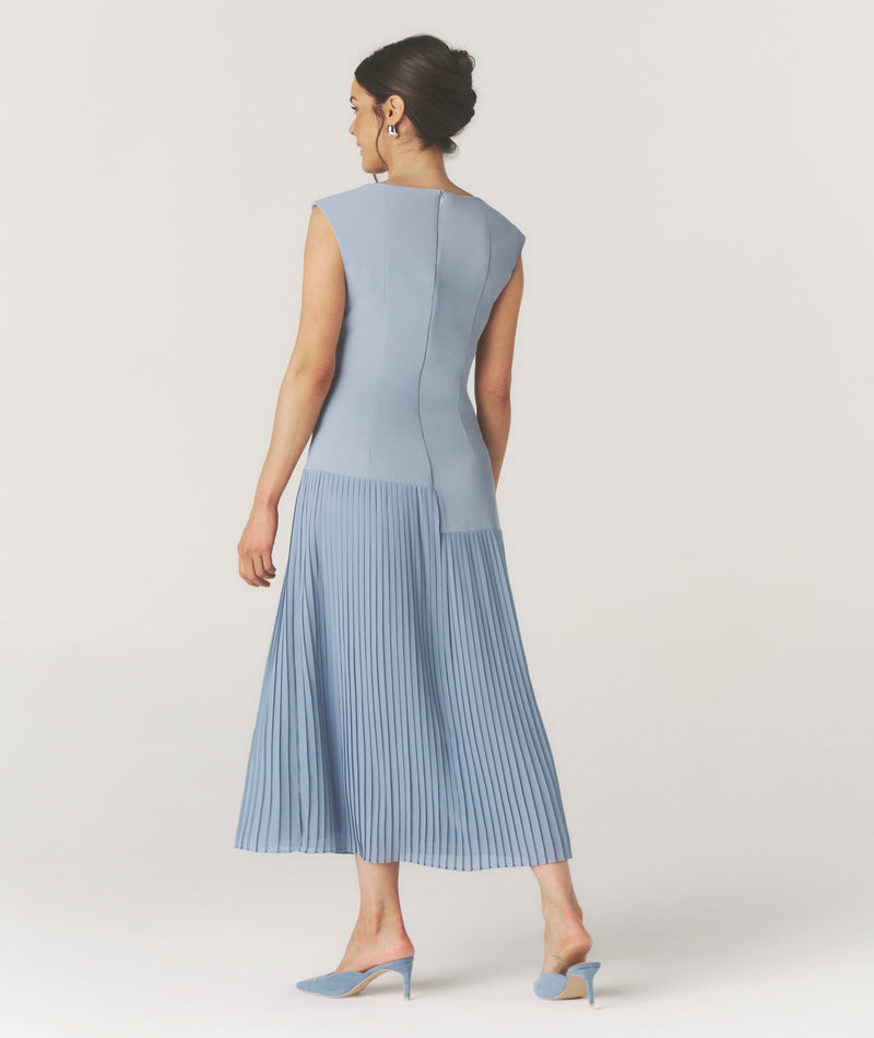 Pleated Cap Sleeve Maxi Dress - Blue