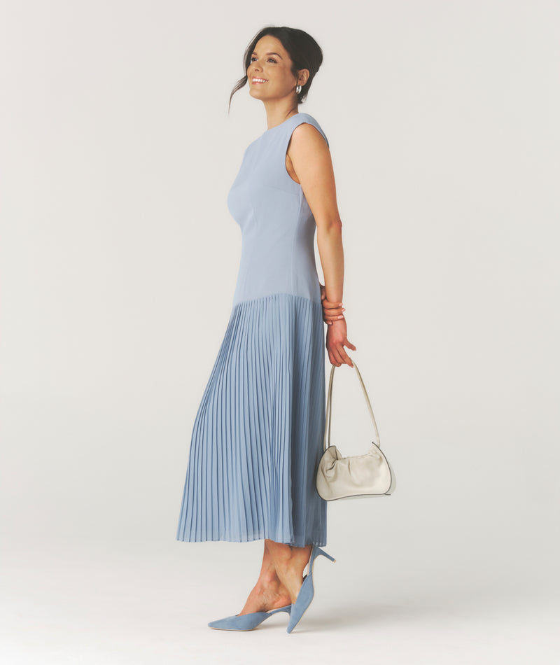 Pleated Cap Sleeve Maxi Dress - Blue