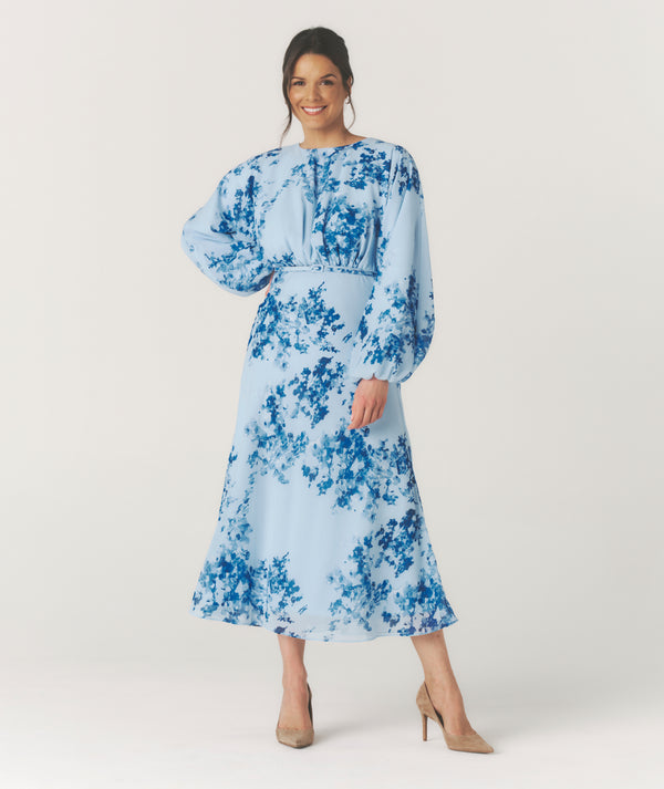 Floral Balloon Sleeve Maxi Dress - Pale Blue