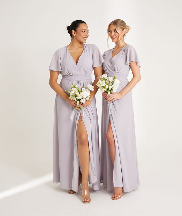 Flutter Sleeve Wrap Tie Chiffon Bridesmaid Dress - Lilac