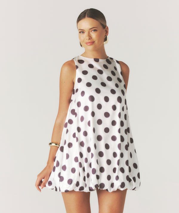 Mia Polka Dot Satin Puff Ball Mini Dress - White