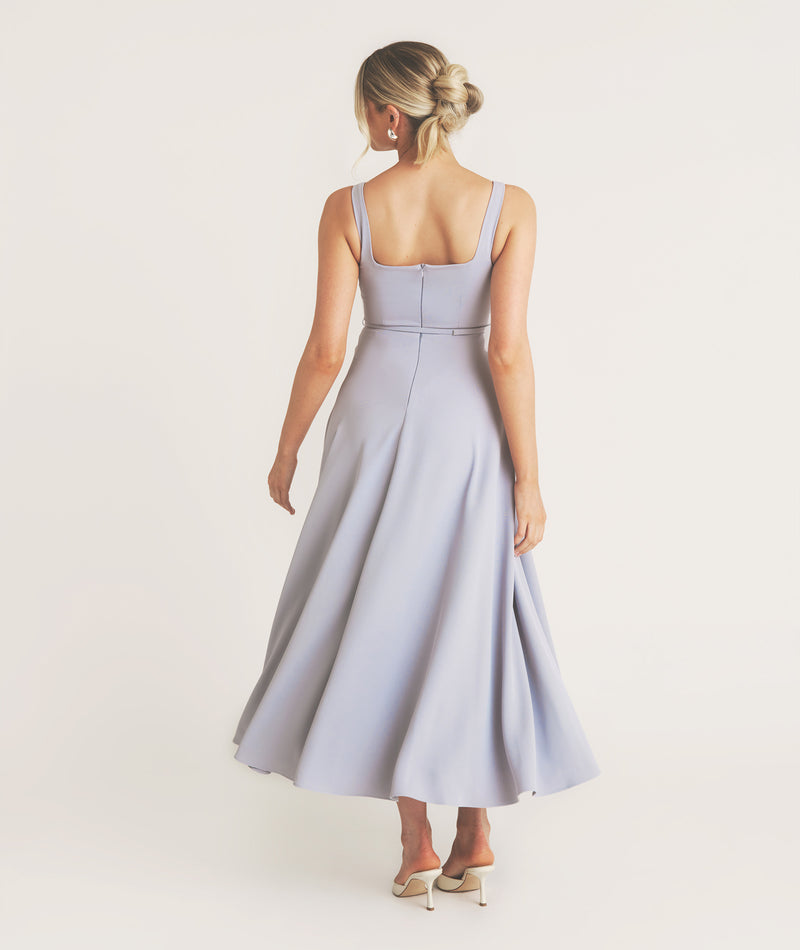 Square Neck Belted Midi Dress