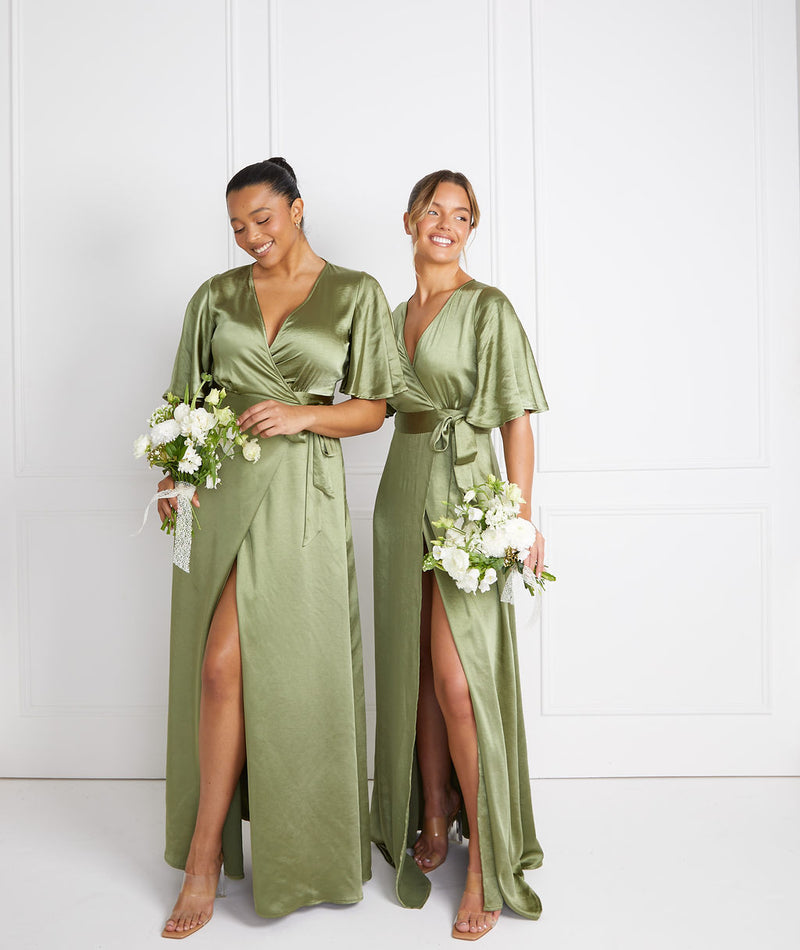 Wrap Tie Satin Bridesmaid Dress - Moss Green Wrap Tie Satin Bridesmaid Dress - Moss Green