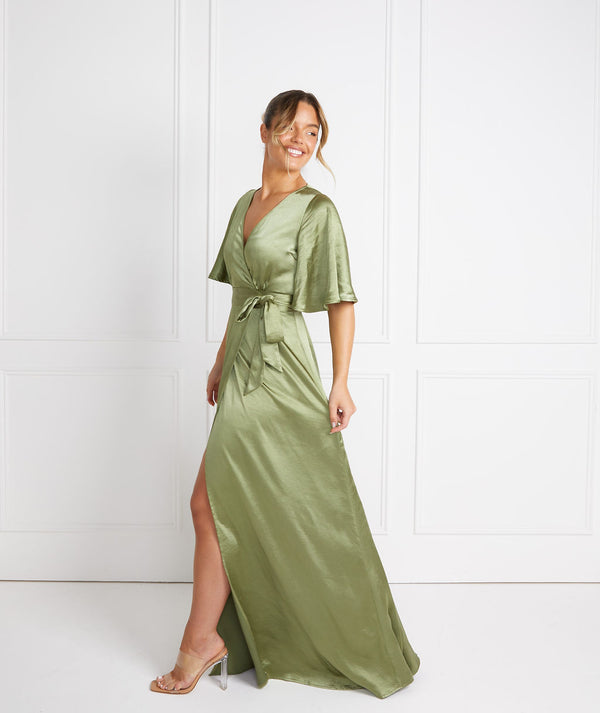 Moss Green Wrap Tie Bridesmaid Dress