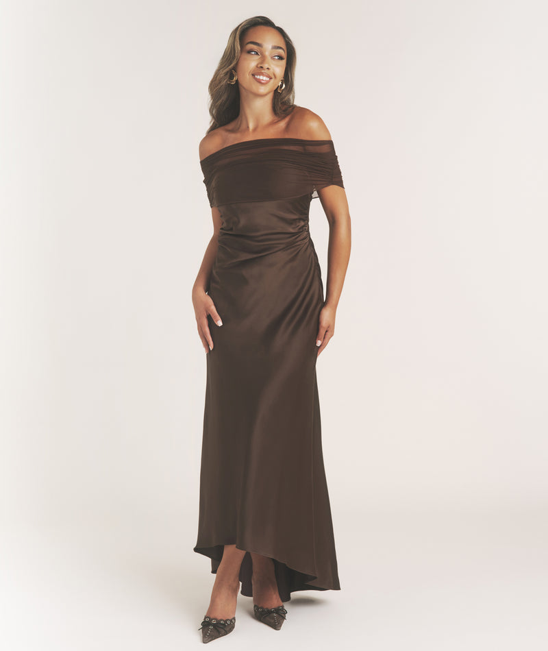 Off Shoulder Mesh Satin Midaxi Dress Chocolate - Main Image