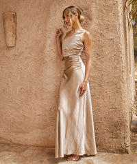One Shoulder Satin Bridesmaid Dress - Champagne