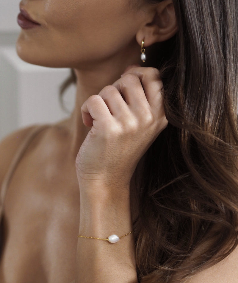 Pearl Drop Huggie Hoop Earrings - Gold