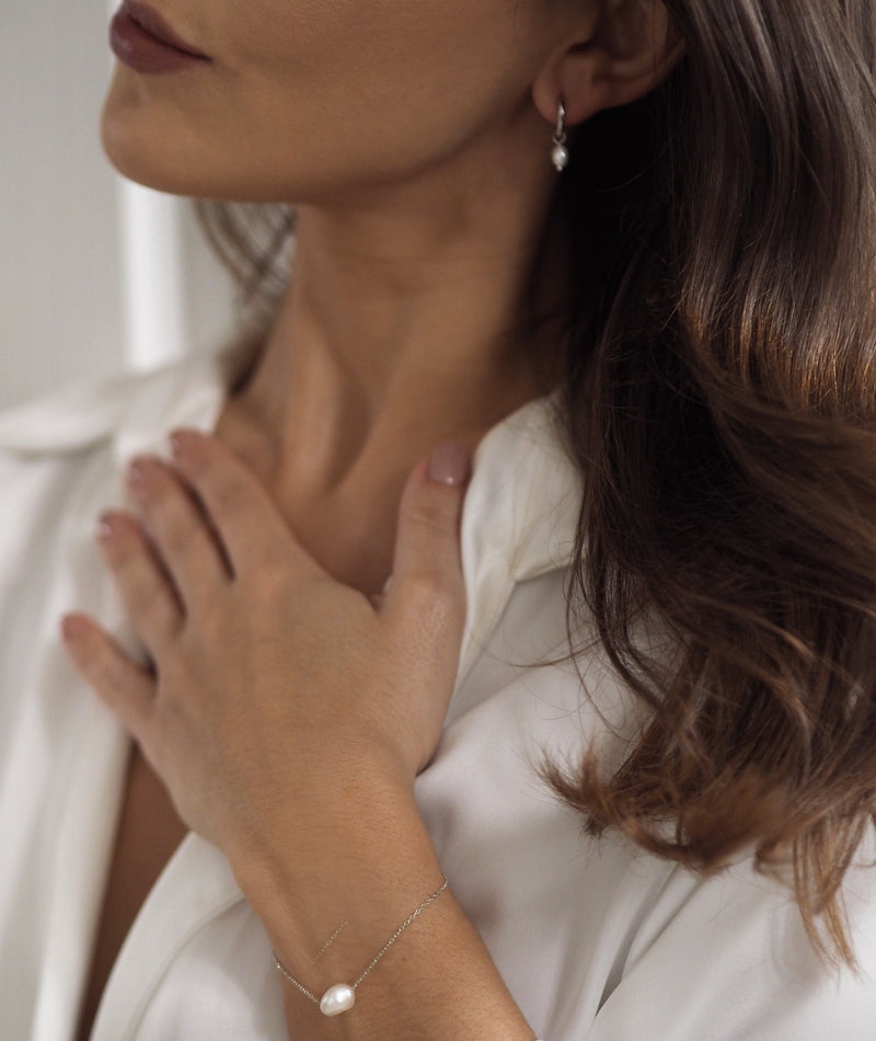 Pearl Drop Huggie Hoop Earrings - Silver