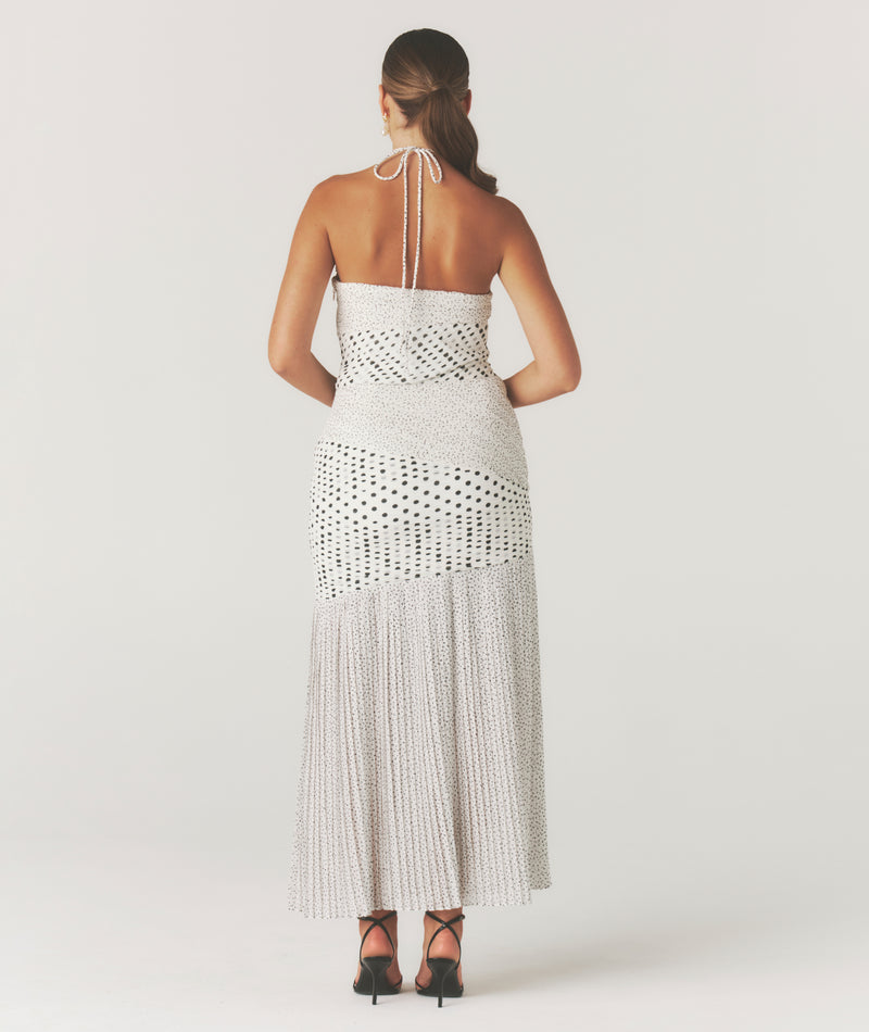Sierra Polka Halter Neck Pleated Midaxi Dress - White