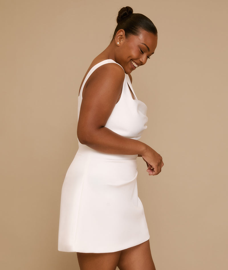 Square Neck Button Satin Mini Dress - White