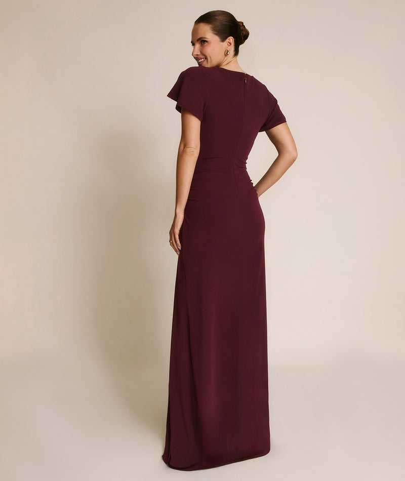 Flutter Sleeve Stretch Sculpt Bridesmaid Dress - Merlot