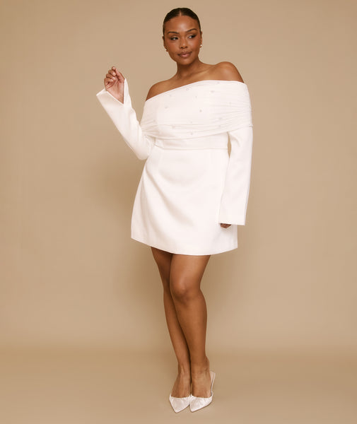 Pearl Trim Bardot Mini Dress - White