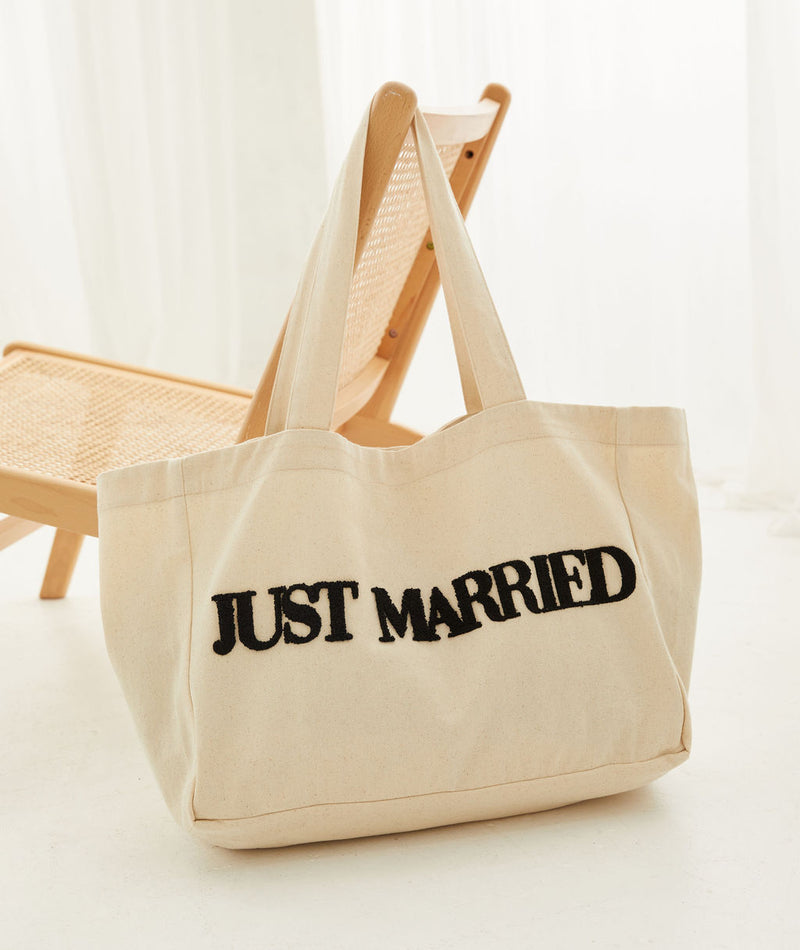 "Just Married" Cotton Tote Bag - Reusable Shopper Bag With Cartoon Design
