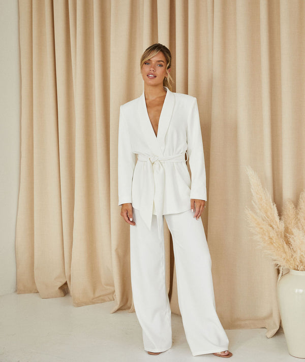 High Waisted Wide Leg Tailored Trouser - White