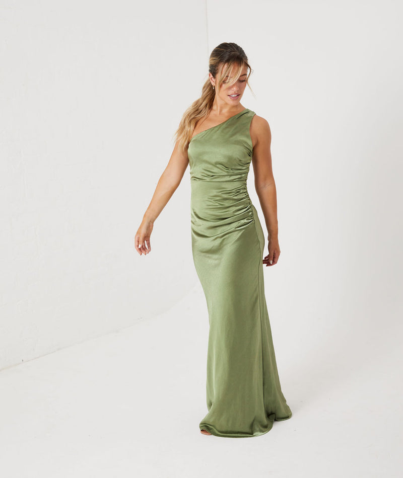 moss green one shoulder bridesmaid dress