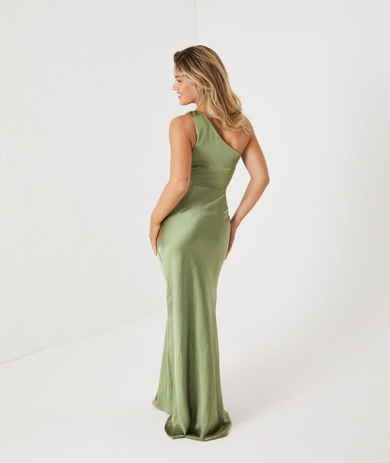 moss green one shoulder bridesmaid dress