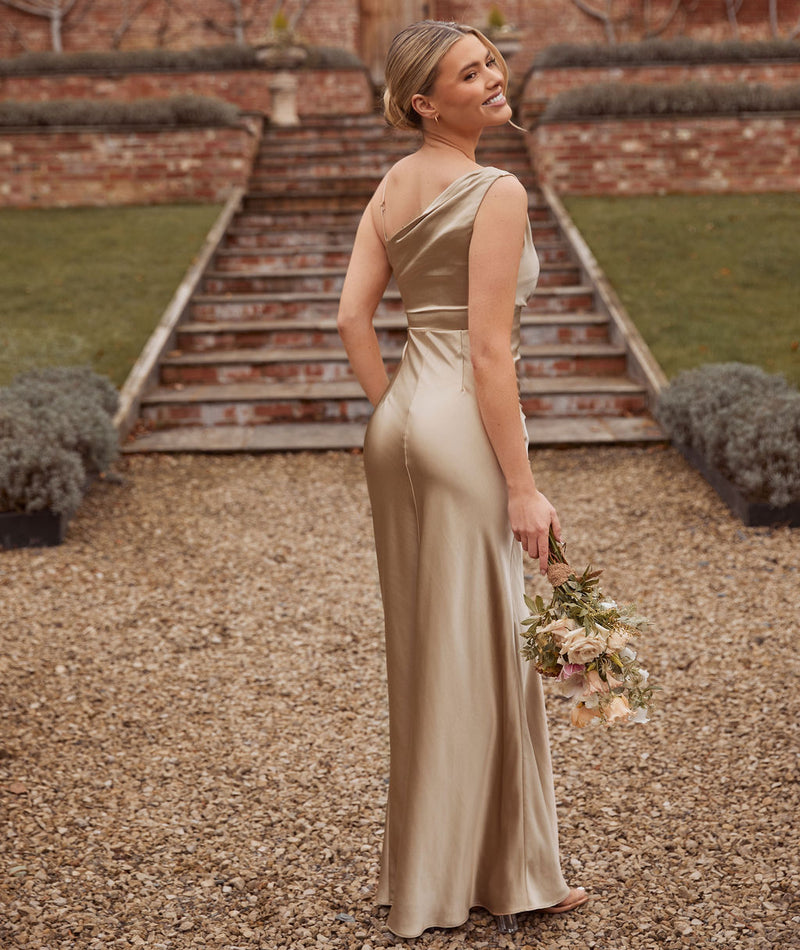 Cowl Front Asymmetrical Satin Bridesmaid Dress - Champagne