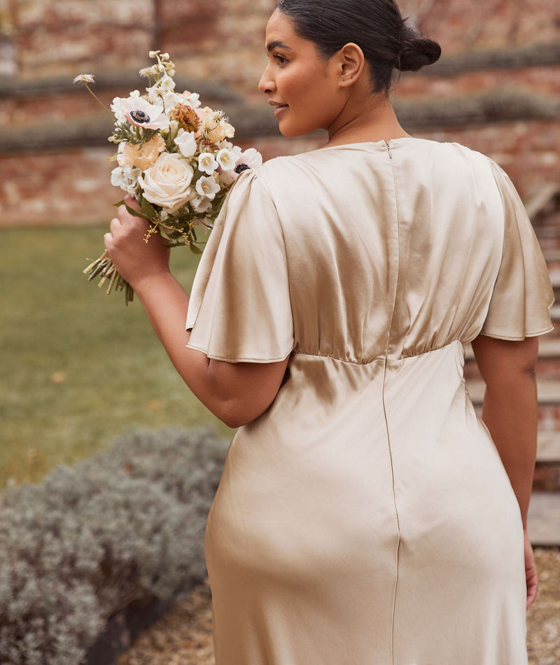 Gathered Bust Flutter Sleeve Satin Bridesmaid Dress - Champagne