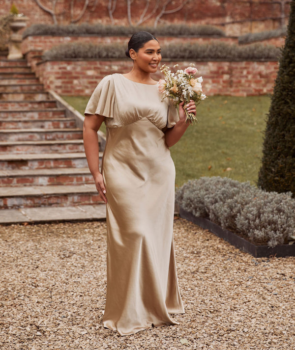 Gathered Bust Flutter Sleeve Satin Bridesmaid Dress - Champagne