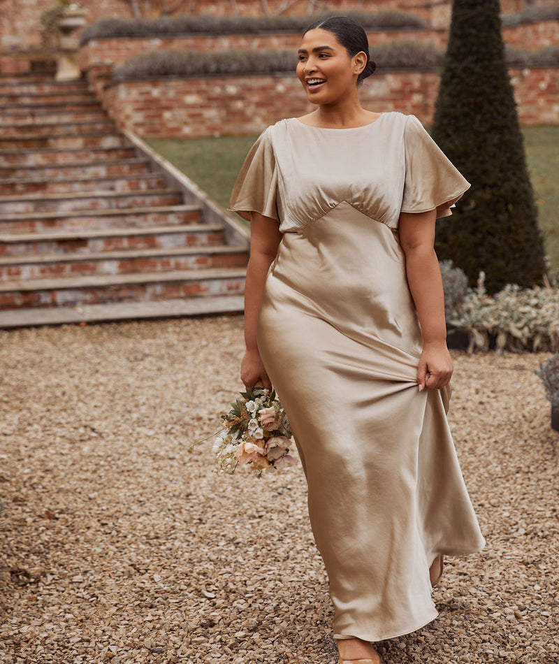 Gathered Bust Flutter Sleeve Satin Bridesmaid Dress - Champagne